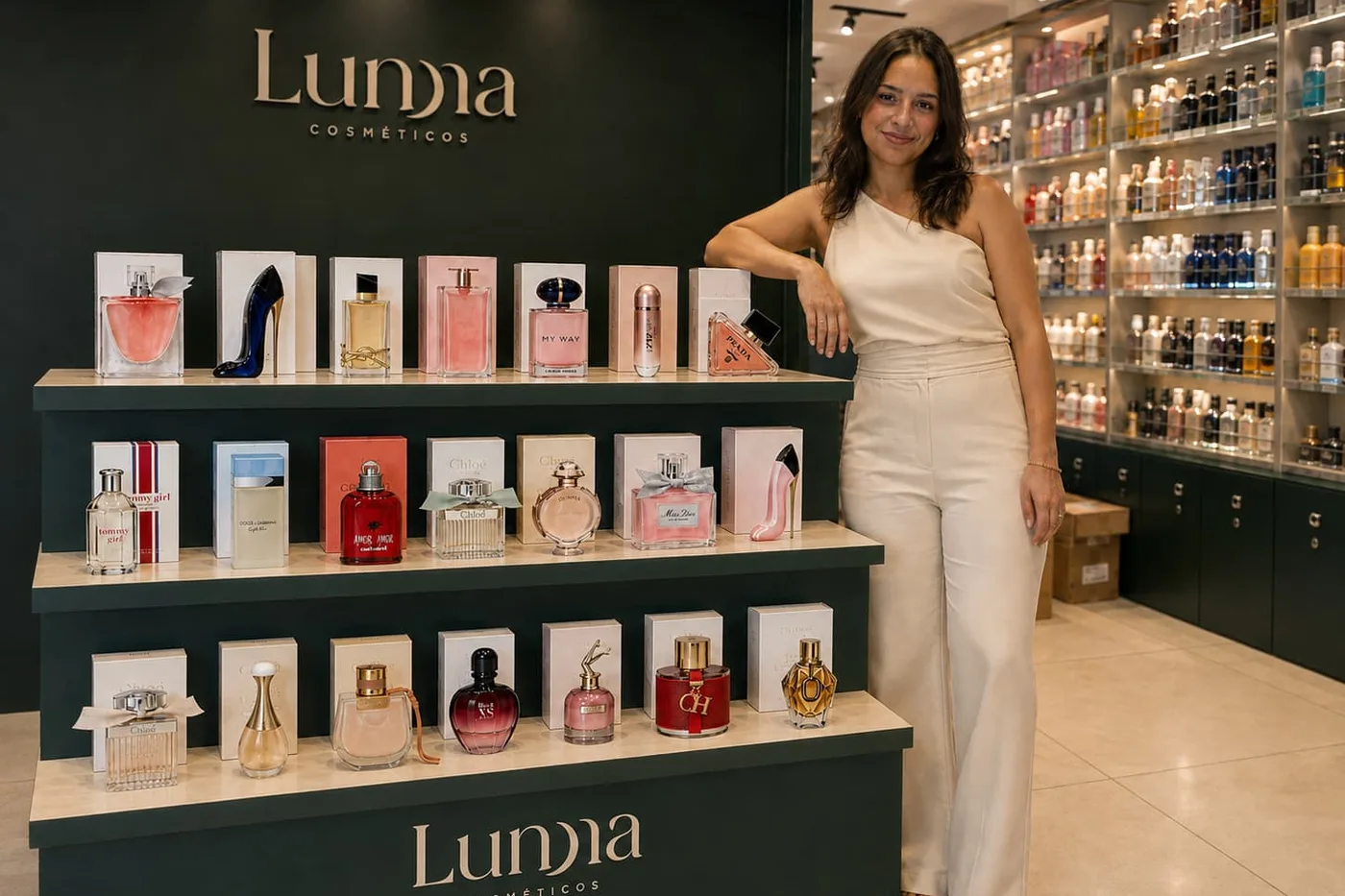 Atendente da Oud Royal Perfumes ao lado da vitrine de perfumes da loja, com a marca impressa na parede